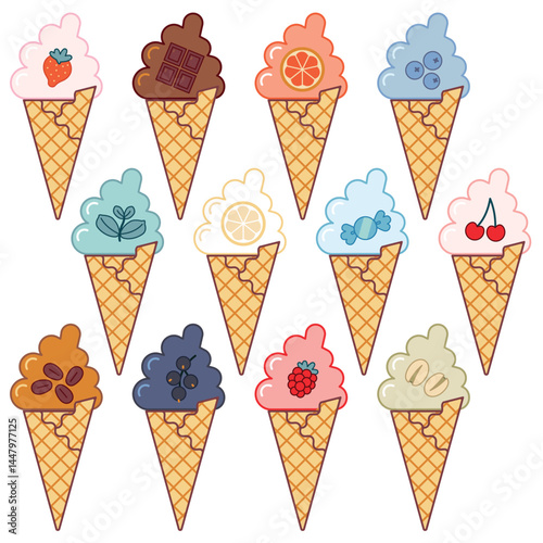 Flavored ice cream in cones clipart set