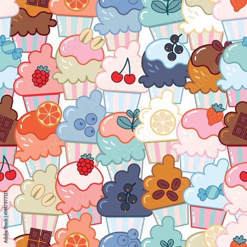 Seamless pattern with flavored ice cream in cups