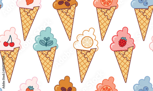 Seamless pattern with flavored ice cream in cones