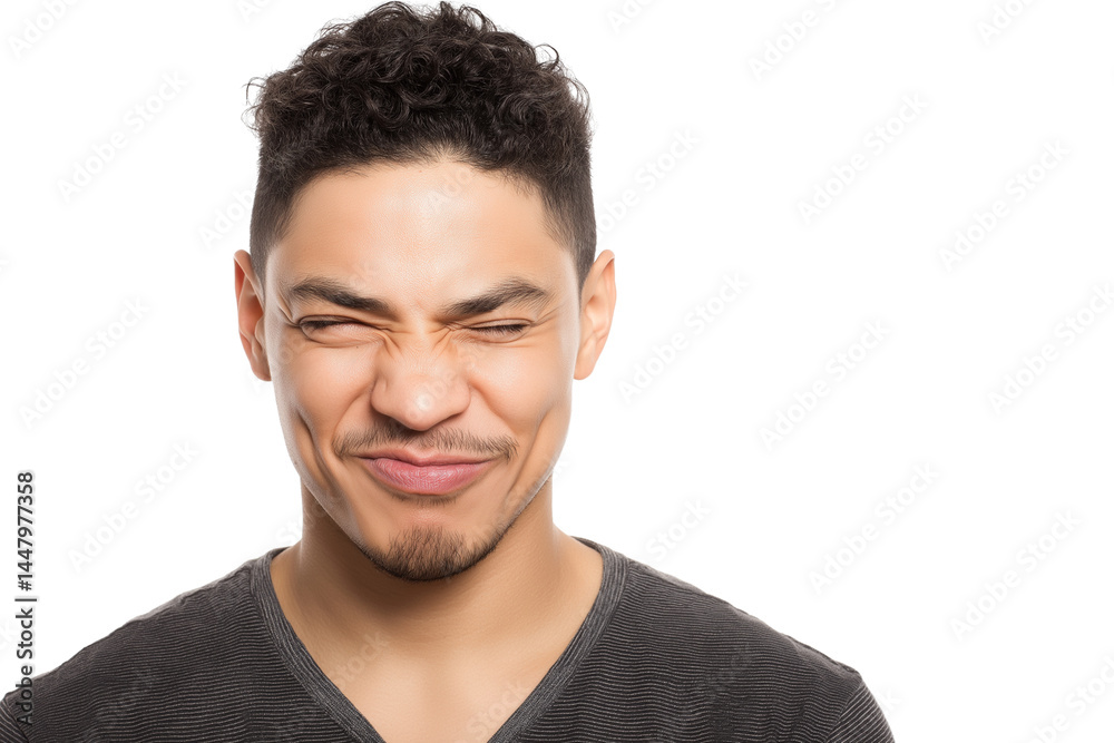 Man squinting his eyes slightly smiling isolated on white transparent background Man squinting his eyes slightly smiling isolated on white transparent background