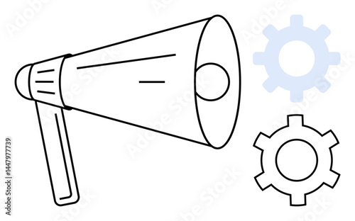 Megaphone beside two gear icons symbolizing communication, workflow, teamwork, branding, operations, marketing, and feedback. Ideal for business presentation, app simple landing page