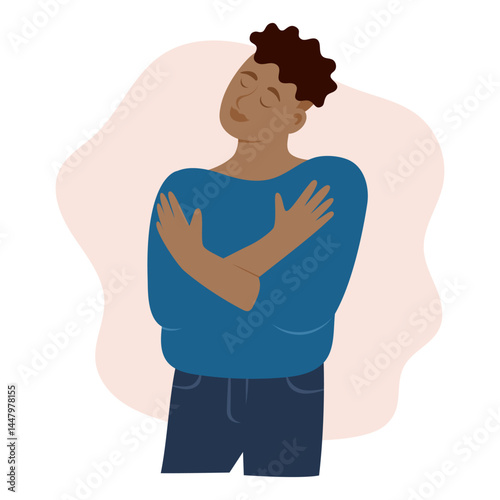 Illustration concept of a man hugging himself, symbolizing self-love and acceptance. Hand-drawn vector in flat style.