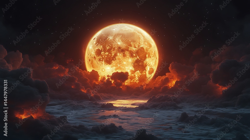 Surreal night scene with a gigantic glowing moon rising over an endless ocean of clouds. Futuristic nature. Surreal night scene with a gigantic glowing moon rising over an endless ocean of clouds. Futuristic nature.