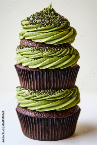 Delicious green matcha cupcakes with chocolate base, Isolated design on clean white background