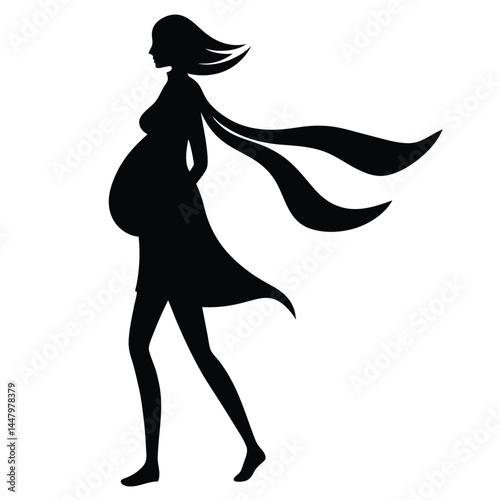 Silhouette of Pregnant Woman Walking in the Wind