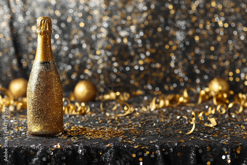 Golden Celebration: A shimmering gold-covered champagne bottle, surrounded by elegant gold confetti and shimmering lights, poised to celebrate a festive event or special occasion.