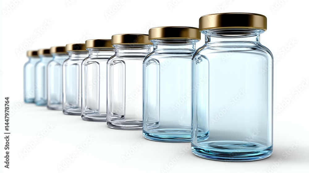 Row of clean glass jars with golden lids. Row of clean glass jars with golden lids.