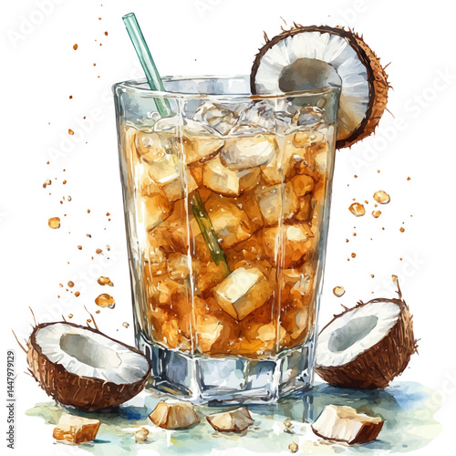 Glass Of Coconut, vector watercolor illustration, isolated on a white background.
