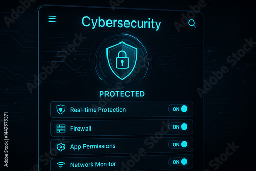 A modern digital interface displaying cybersecurity settings with highlighted protective features