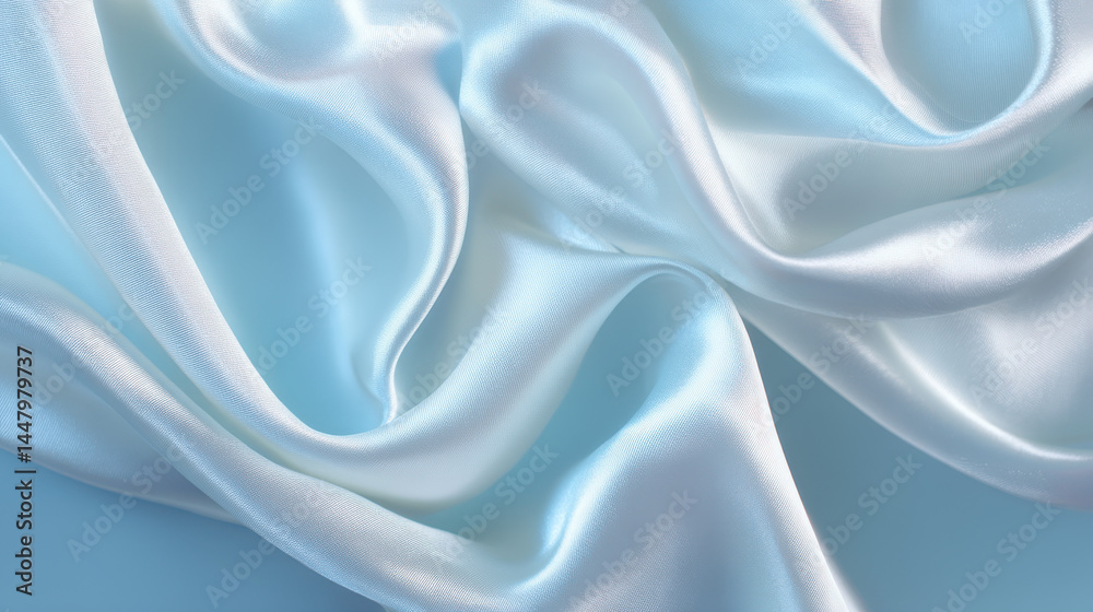 Fototapeta premium A softly flowing light blue satin fabric elegantly drapes with gentle curves and subtle reflections, creating a smooth, luxurious, and delicate background.