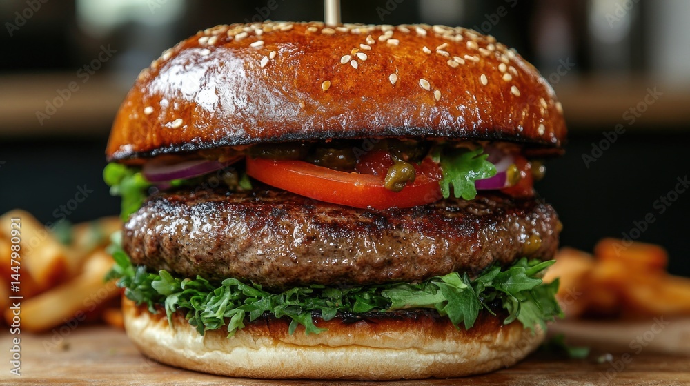 Freshly cooked gourmet hamburger with sesame bun and vibrant toppings against a plain background Freshly cooked gourmet hamburger with sesame bun and vibrant toppings against a plain background