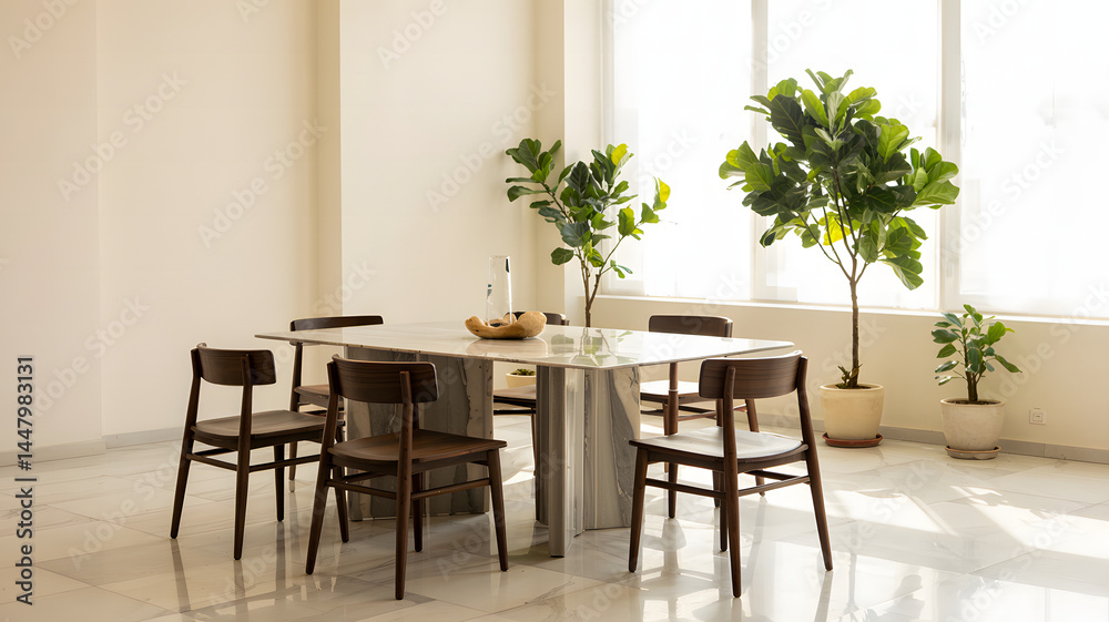 Pristine, empty dining area in a house. The room has a white marble floor and a white wall with a smooth, clean surface. Pristine, empty dining area in a house. The room has a white marble floor and a white wall with a smooth, clean surface.