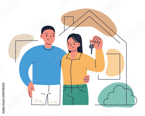 Flat cartoon vector illustration of happy couple standing in front of new home holding keys. Happy man and woman characters. Concept of moving, buying new house, starting life in new place
