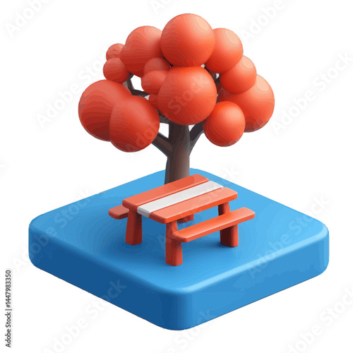 Rest area sign featuring a vibrant cartoon tree and picnic table in a colorful volumetric design