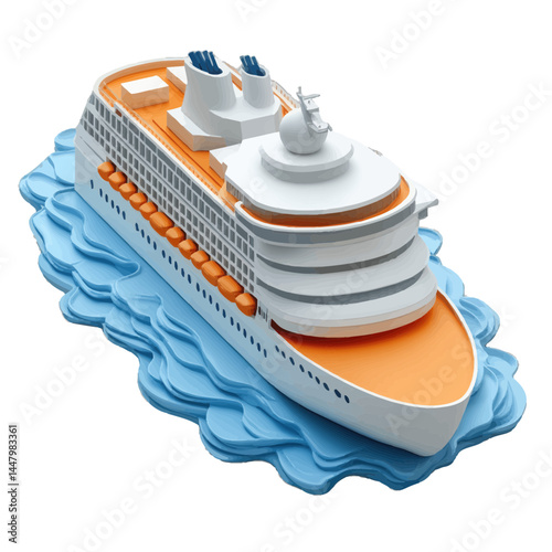 Simple volumetric illustration of a cartoon ship cruising through calm waters with vibrant colors and clear details