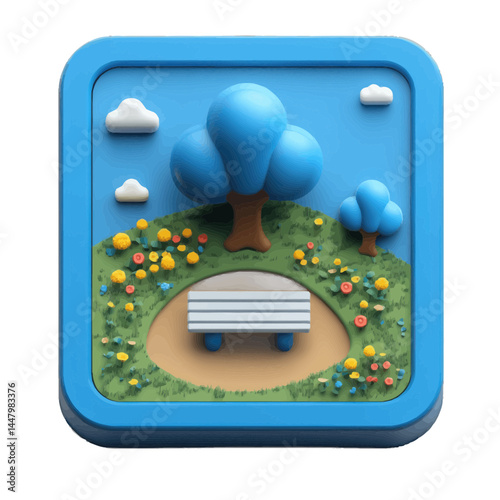Rest area symbol sign featuring a volumetric cartoon design with trees, flowers, and a bench in a serene setting