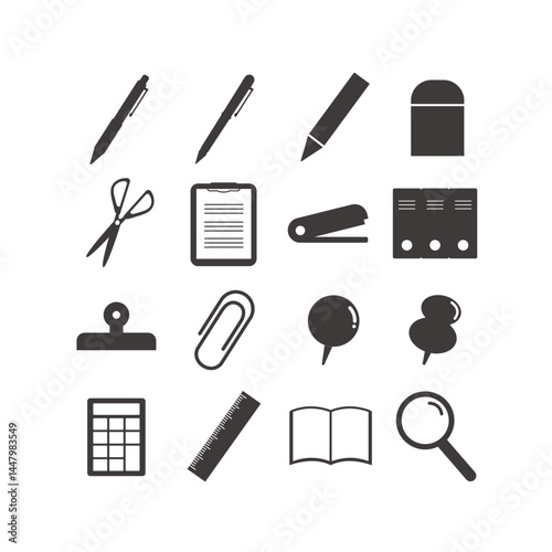 文房具シルエットイラストセット：シンプルで汎用性の高いアイコン - Stationery Silhouette Illustration Set: Simple and Versatile Icons