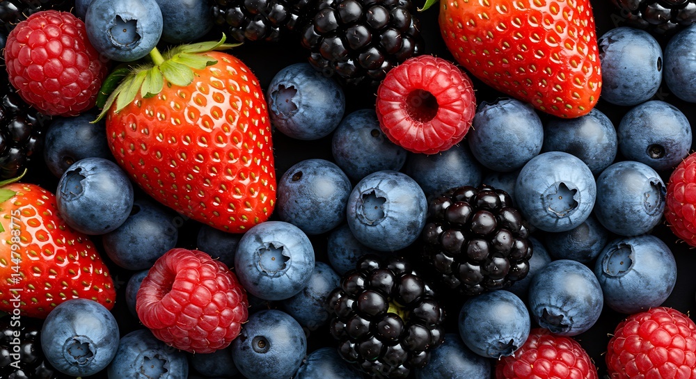 Fototapeta premium Fresh Mixed Berries Close-Up on Dark Background