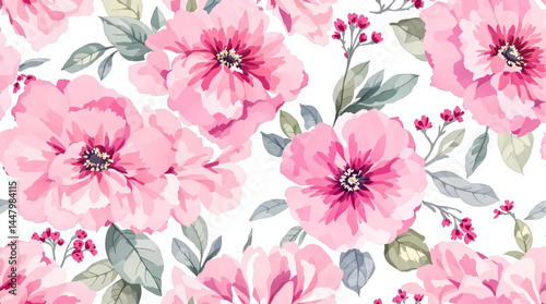 Seamless watercolor flowers pattern. Hand painted flowers of different colors, Flowers for design