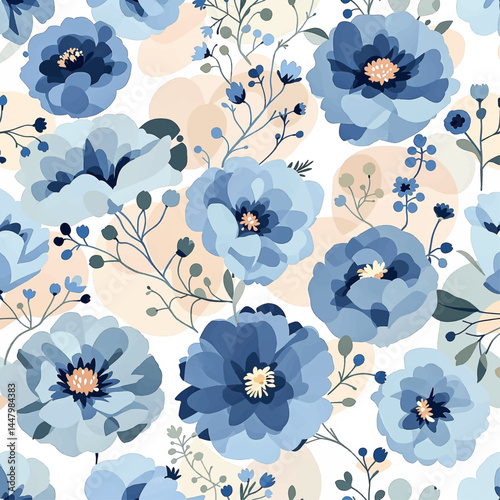 Seamless floral pattern, watercolor background pattern blue flowers on white background