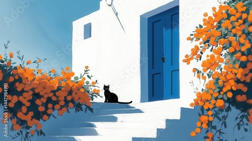 Black Cat on White Steps with Orange Flowers