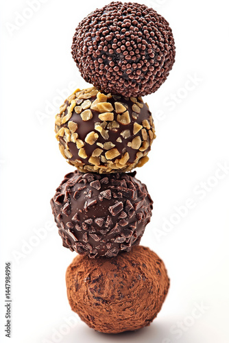 Delicious chocolate truffles stacked in colorful display, Isolated design on clean white background