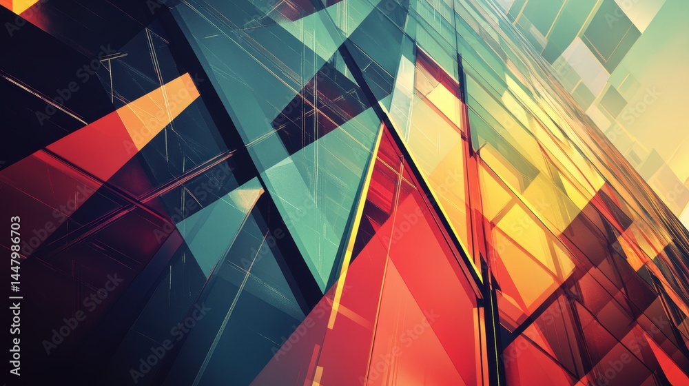 Fototapeta premium Abstract architectural design with geometric glass shapes in vibrant colors creating a modern and dynamic composition with an artistic perspective and a warm, inviting mood