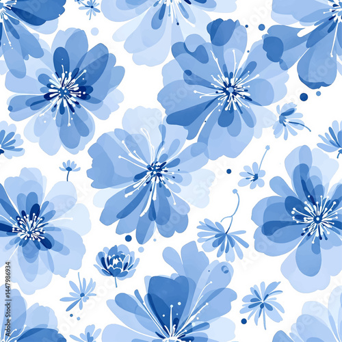 Seamless pattern with rustic gentle blue flowers. Botanical background design for textile