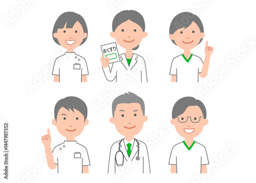 医師と看護師、理学療法士、薬剤師の上半身