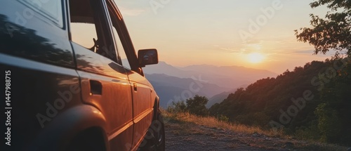 Serene Sunset Vista from a Classic Car Adventure Capturing Mountain Majesty and Golden Light Hues with a Sense of Freedom and Exploration in the Wilderness