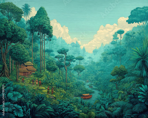 Lush jungle scene with dense foliage, riverboats, ancient ruins, and people exploring a vibrant tropical rainforest landscape.