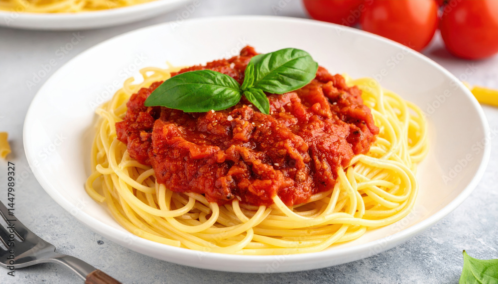 Fresh Spaghetti with Tomato Sauce and Basil Garnish on a Plate Fresh Spaghetti with Tomato Sauce and Basil Garnish on a Plate