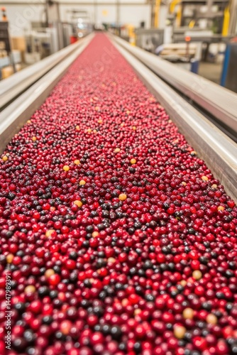 Conveyor belt filled with fresh cranberries at food processing plant industrial agriculture harvest concept food production vertical view