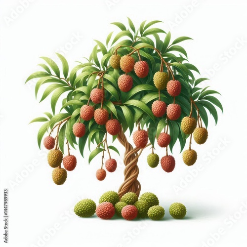 Lychee Tree with Ripe Red Fruits Hanging from Branches