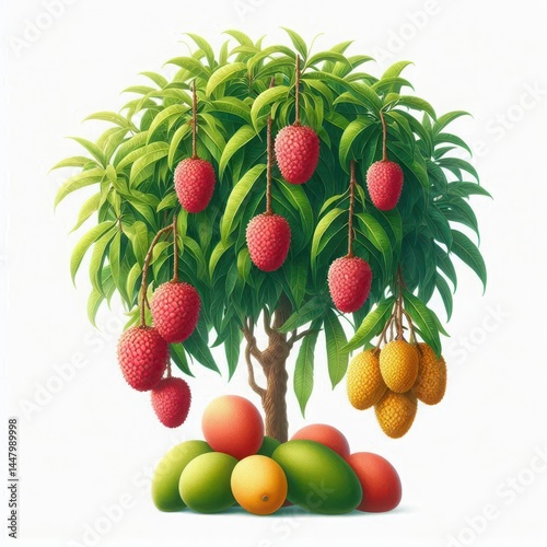 Lychee Tree with Ripe Red Fruits Hanging from Branches