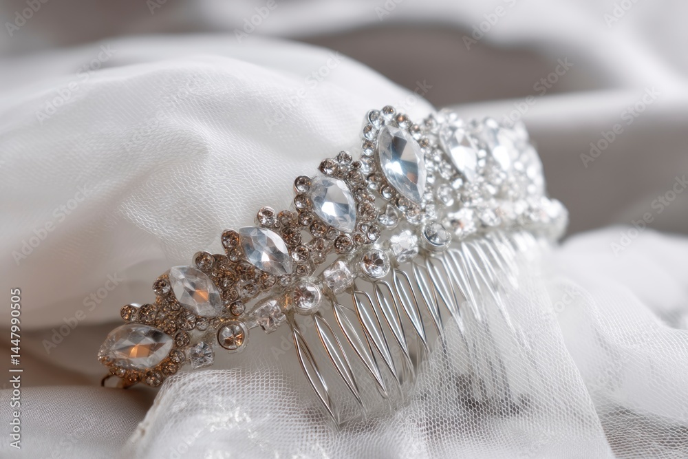 Elegant Rhinestone Tiara with Comb on Soft White Fabric Background