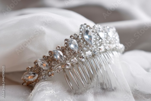 Obraz na płótnie Elegant Rhinestone Tiara with Comb on Soft White Fabric Background w salonie