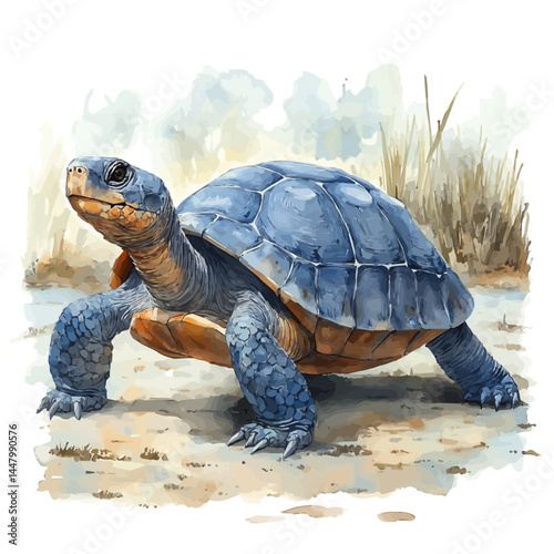 watercolor of Giant Prehistoric Turtle In A Shallow Lagoon, vector, isolated on a white background.