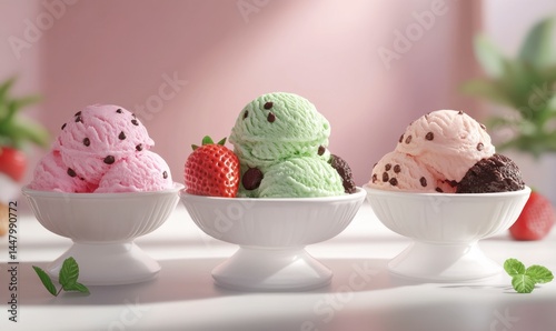 Colorful Ice Cream Scoops with Chocolate Chips and Fresh Berries