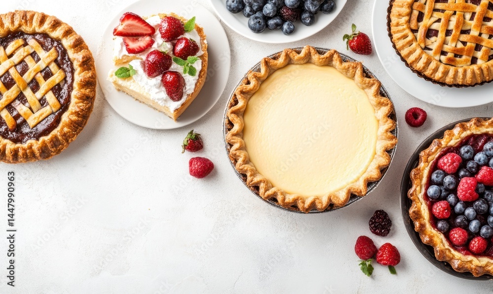 Fresh Baked Pies with Berries and Cream on a Light Background Fresh Baked Pies with Berries and Cream on a Light Background