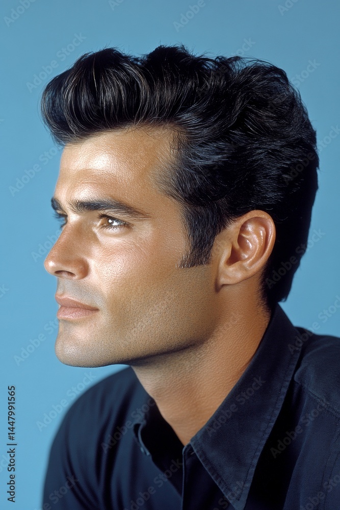 Blue solid background. Creative graphic pattern of style for aging men. A midlife man with charm and elegance. Fashionable men's quiff haircut - midlife white man with black hair.