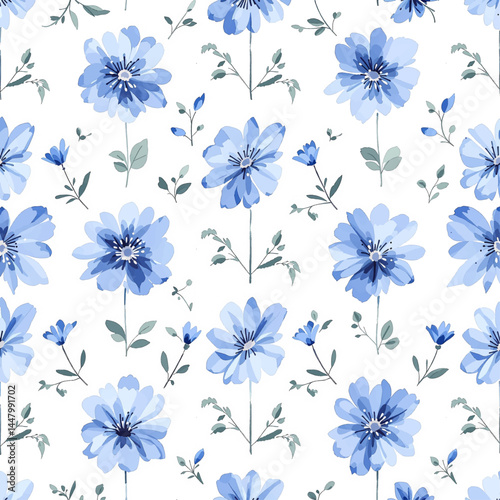 Beautiful seamless pattern with watercolor gentle blue flowers. Stock illustration.
