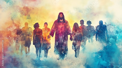 jesus christ holding hands with diverse group of people digital watercolor painting. Generative Ai