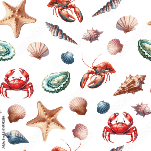 Vector seamless pattern wit realistic watercollor cods, slamons and tunas fishes