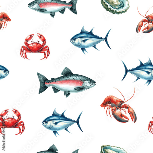 Vector seamless pattern wit realistic watercollor cods, slamons and tunas fishes