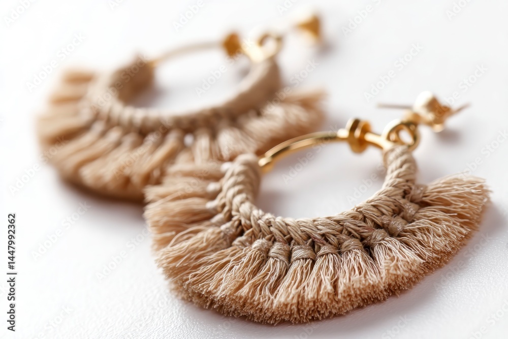 Handmade Macrame Hoop Earrings with Gold Detail Close-up on White Surface