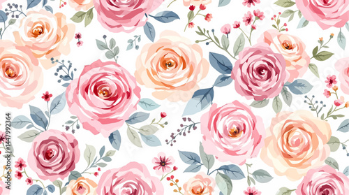 Beautiful seamless pattern with watercolor gentle rose flowers