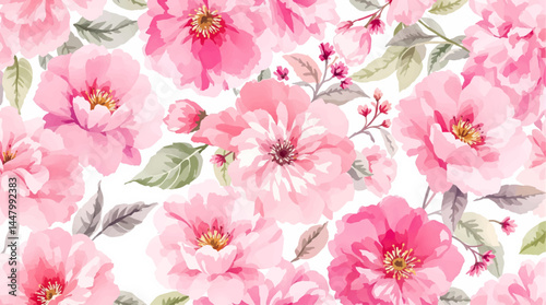 Beautiful seamless pattern with watercolor gentle pink flowers