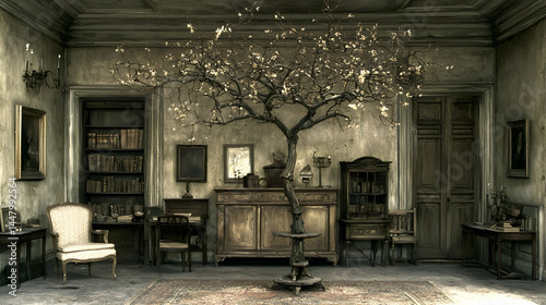 Abandoned Mansion Interior  Decaying Tree, Antique Furniture, Dusty Room.  Ideal for gothic, mystery, or historical settings
