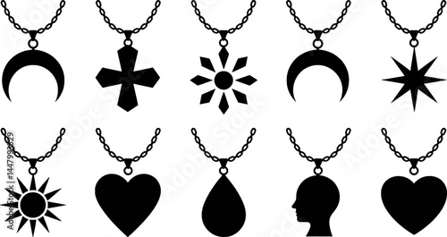 Collection of black necklace pendant shapes and chains minimalist black and white